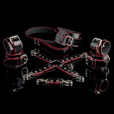 "Demonica" Restraints Set: Handcuffs, Ankle Cuffs, Collar, Leash, 4 point Hog Tie